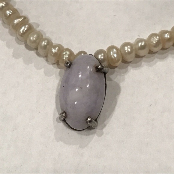 Vintage Sterling Silver Pearl & Jadeite Pendant Necklace Size 14” - Picture 6 of 6